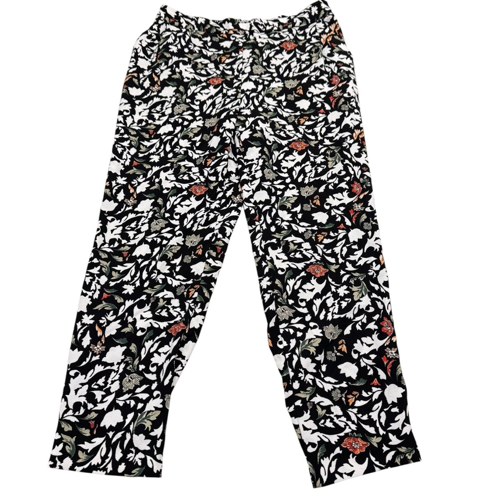 ZARA BASICS Black White Trousers Floral Elastic Waist Trousers‎ Pants XL